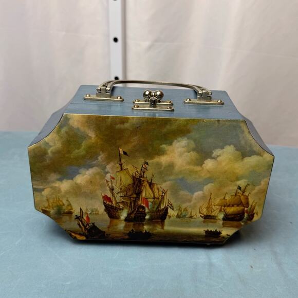 Mid Century Nautical Wooden Purse Box w Metal Handle Vintage Sailing Ships Decor - Picture 3 of 9